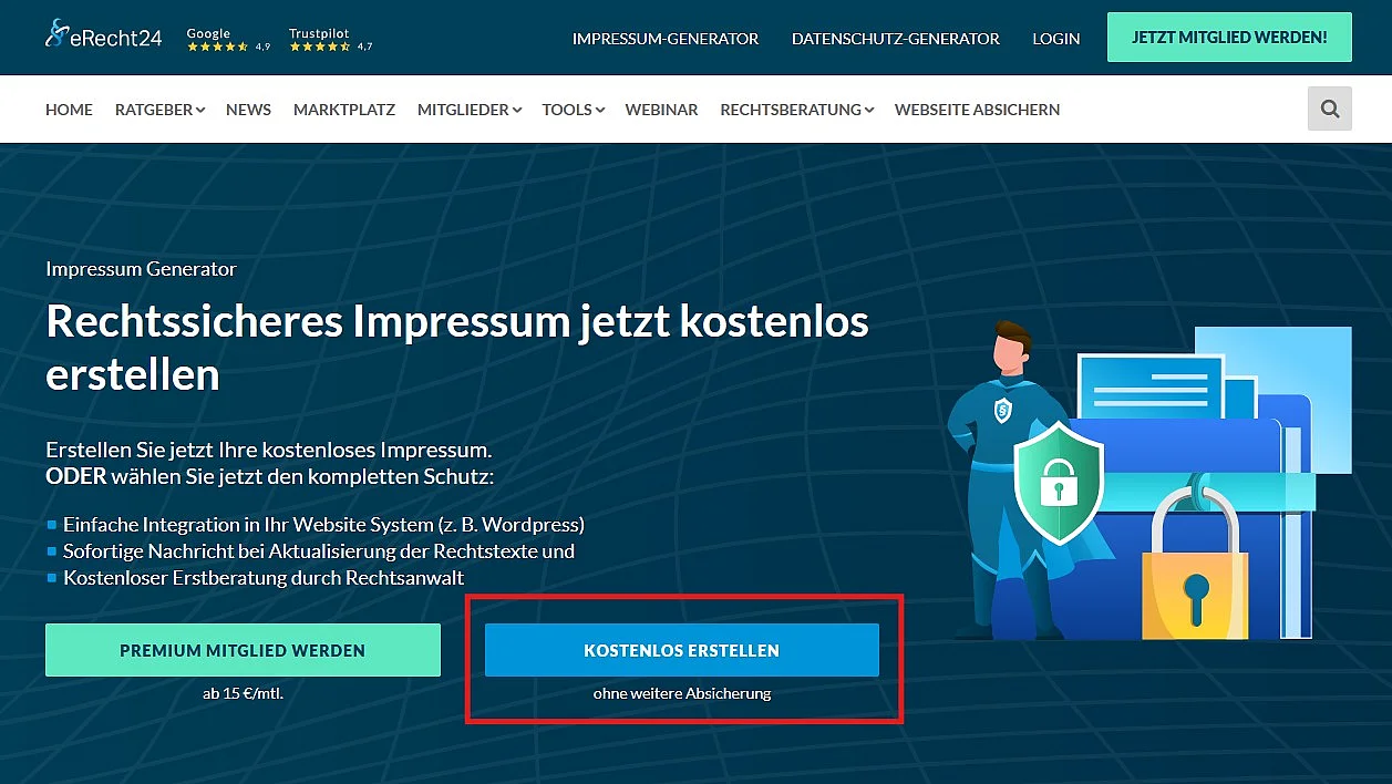 Der Impressum-Generator von eRecht24 Bild: Der Impressum-Generator von eRecht24
