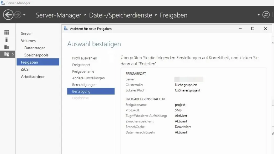 Bild: Erstellen der neuen Freigabe im Server-Manager