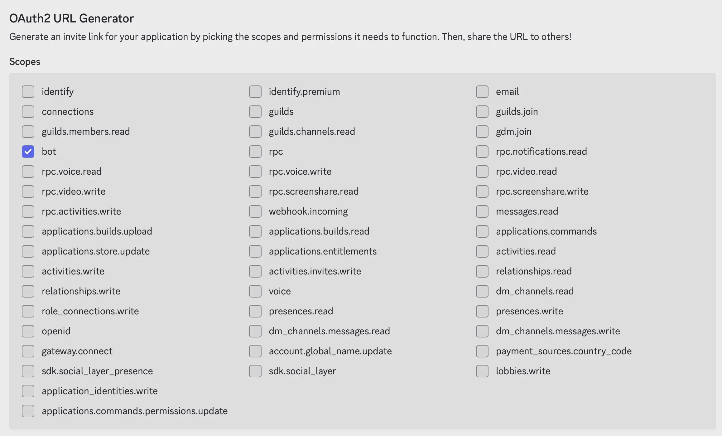 Bild: Discord Developer Portal: URL Generator