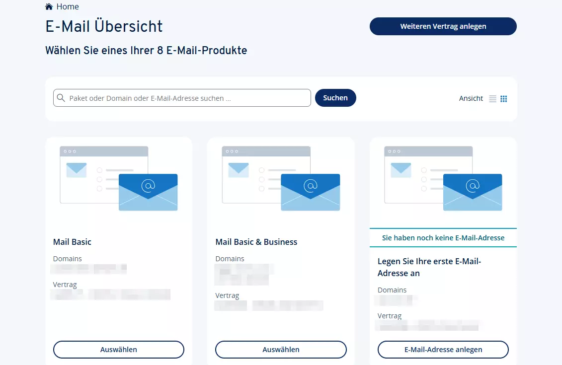 Verfügbare E-Mail-Produkte im IONOS-Kundenkonto Bild: Verfügbare E-Mail-Produkte im IONOS-Kundenkonto