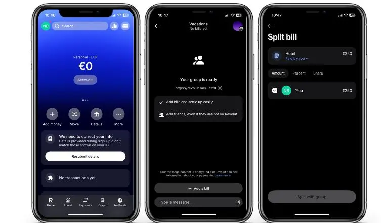 Bild: Ansichten der Revolut-App