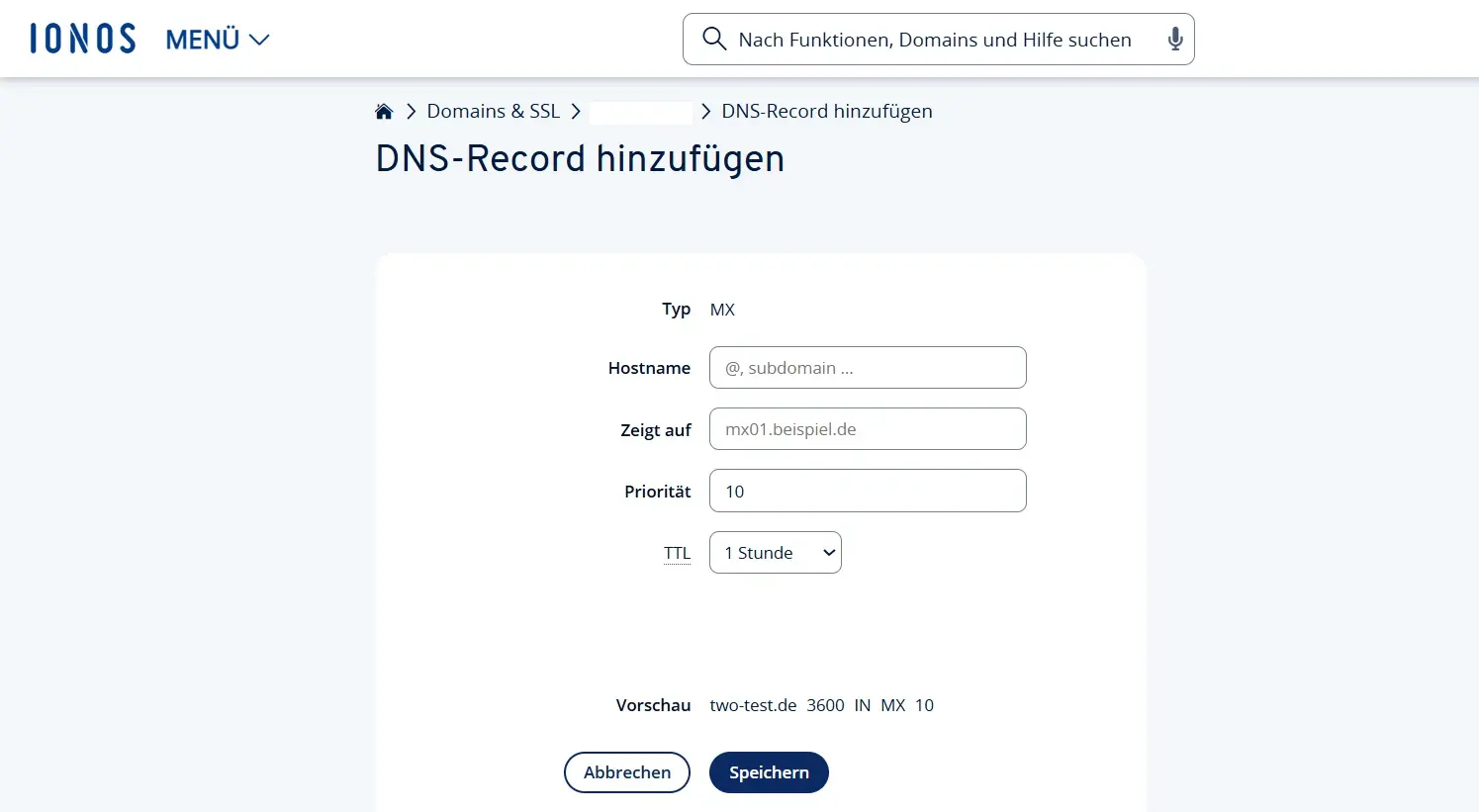 Bild: IONOS Cloud Panel: DNS-Record hinzufügen Bild: Bild: IONOS Cloud Panel: DNS-Record hinzufügen