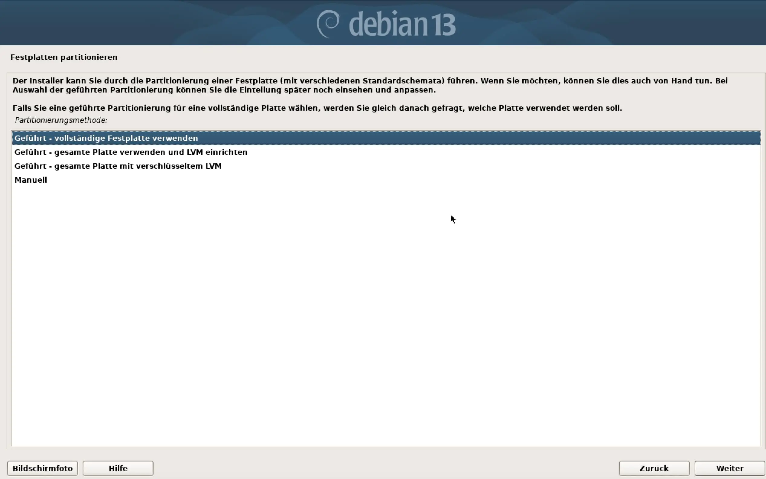 Bild: Screenshot der Debian-13-Installation: Partitionierungsmethode