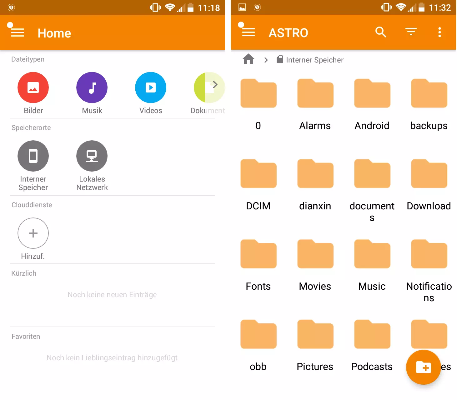 Bild: Startmenü und Speicherübersicht von ASTRO Dateimanager für Android