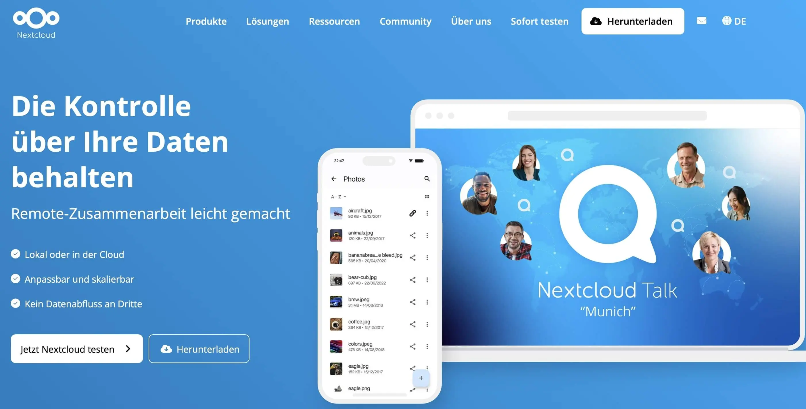 Screenshot der Homepage von Nexctloud Bild: Screenshot der Homepage von Nexctloud