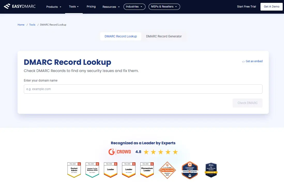Screenshot des DMARC Record Lookup Tools von easydmarc.com Bild: Screenshot des DMARC Record Lookup Tools von easydmarc.com