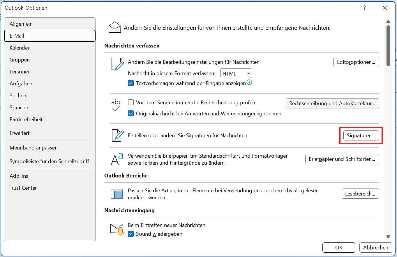 Bild: Outlook-Menü „E-Mail“: Signatur erstellen