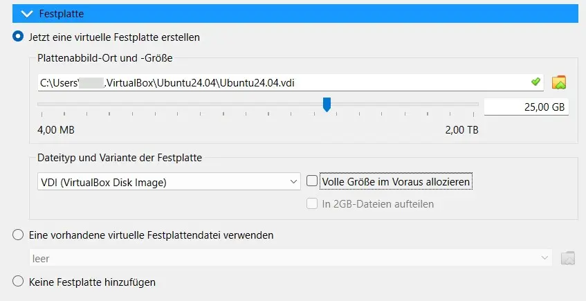 Bild: Oracle VirtualBox Manager: Virtuelle Festplatte erstellen