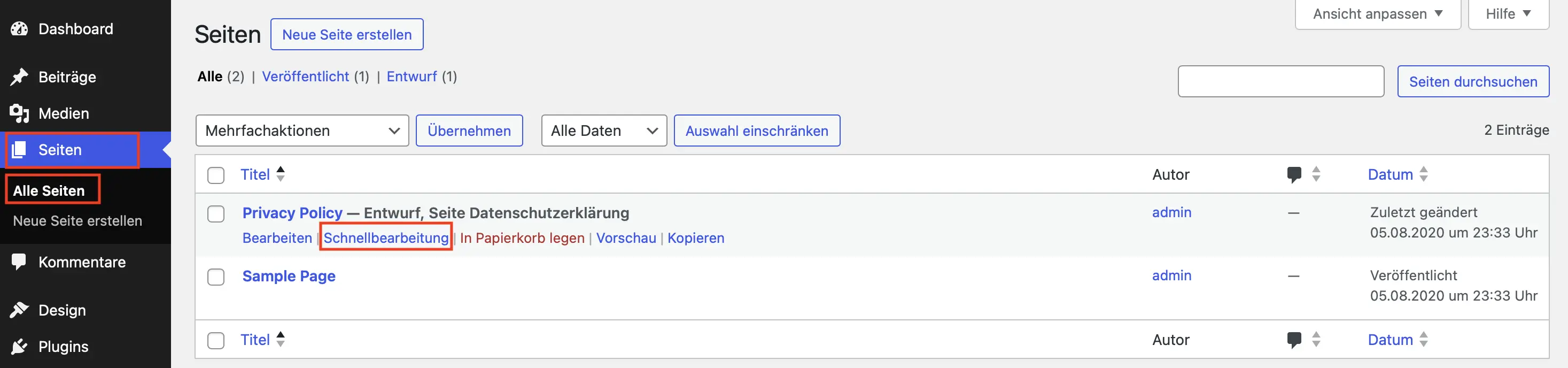 WordPress-Backend „Seiten“ – „Alle Seiten“ mit hervorgehobener „Schnellbearbeitung“-Funktion Bild: WordPress-Backend „Seiten“ – „Alle Seiten“ mit hervorgehobener „Schnellbearbeitung“-Funktion