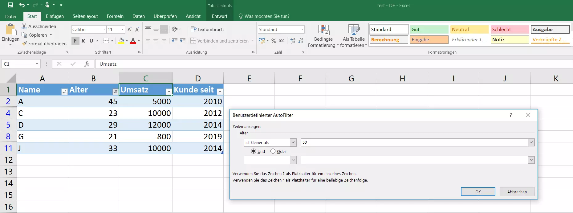 Bild: Excel-Tabelle mit benutzerdefinierter Filterung