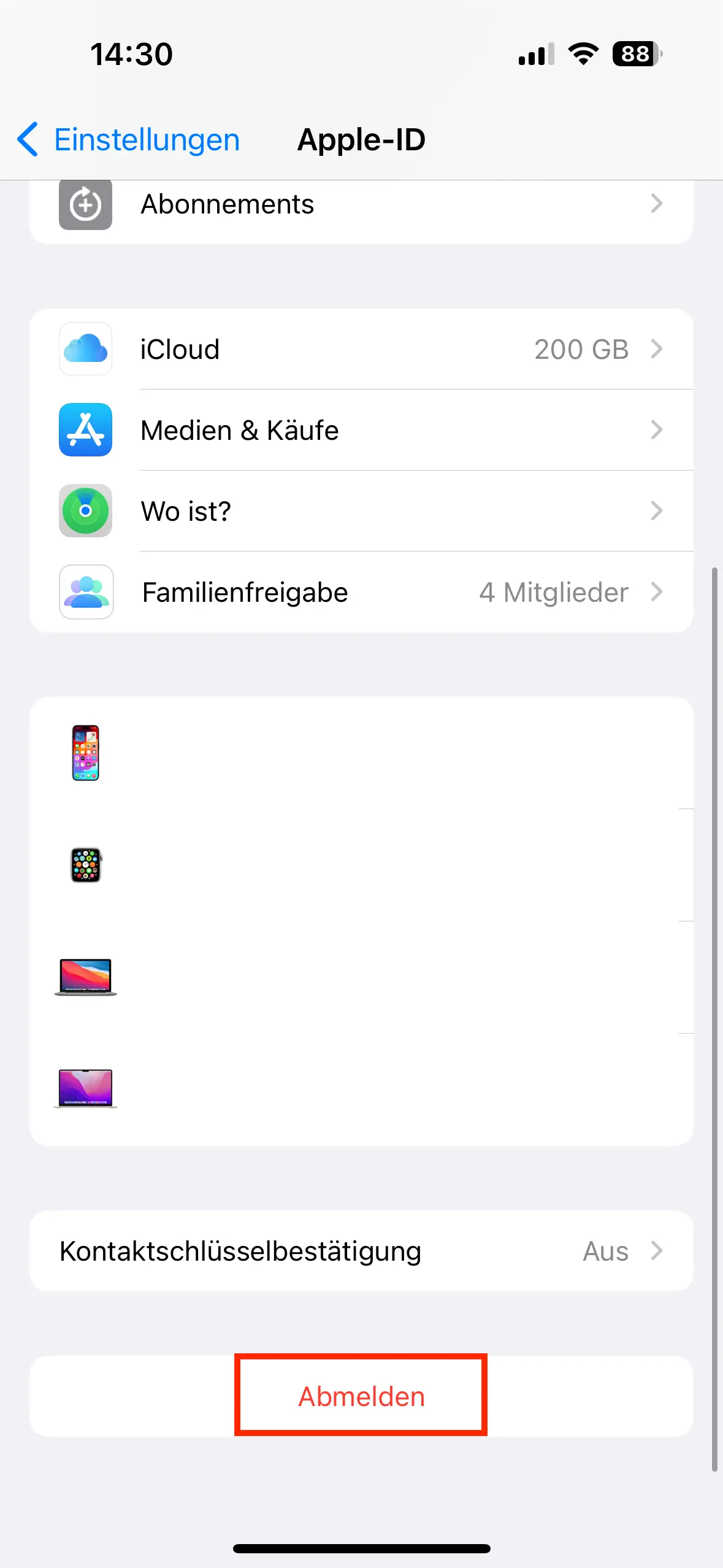 Bild: Schaltfläche „Abmelden“ im „Apple ID-Menü“