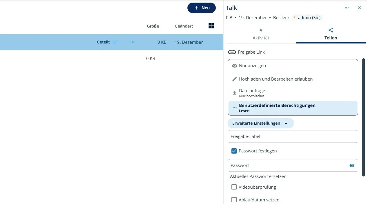 Bild: Nextcloud: benutzerdefinierte Berechtigungen bei der Ordnerfreigabe