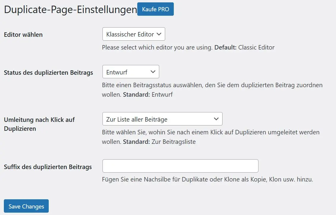 Einstellungsmöglichkeiten für Duplicate Page Bild: Einstellungsmöglichkeiten für Duplicate Page