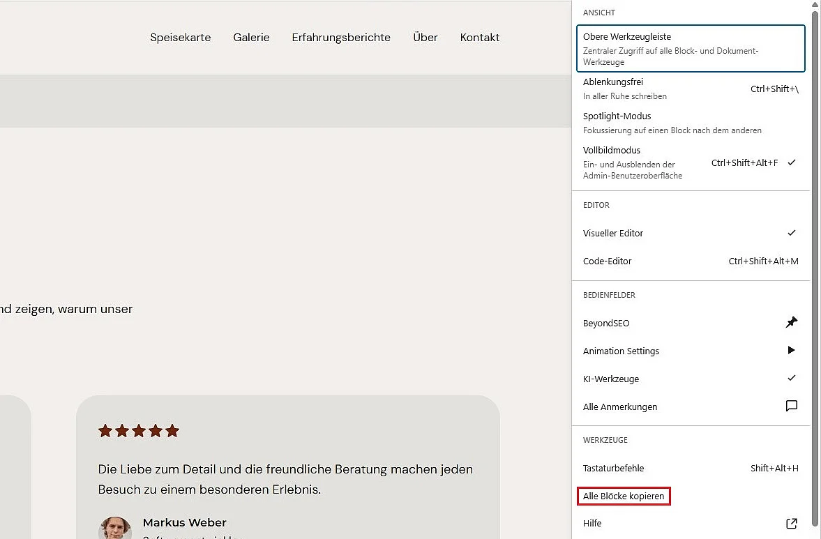 Gutenberg-Editor: „Alle Blöcke kopieren“ Bild: Gutenberg-Editor: „Alle Blöcke kopieren“