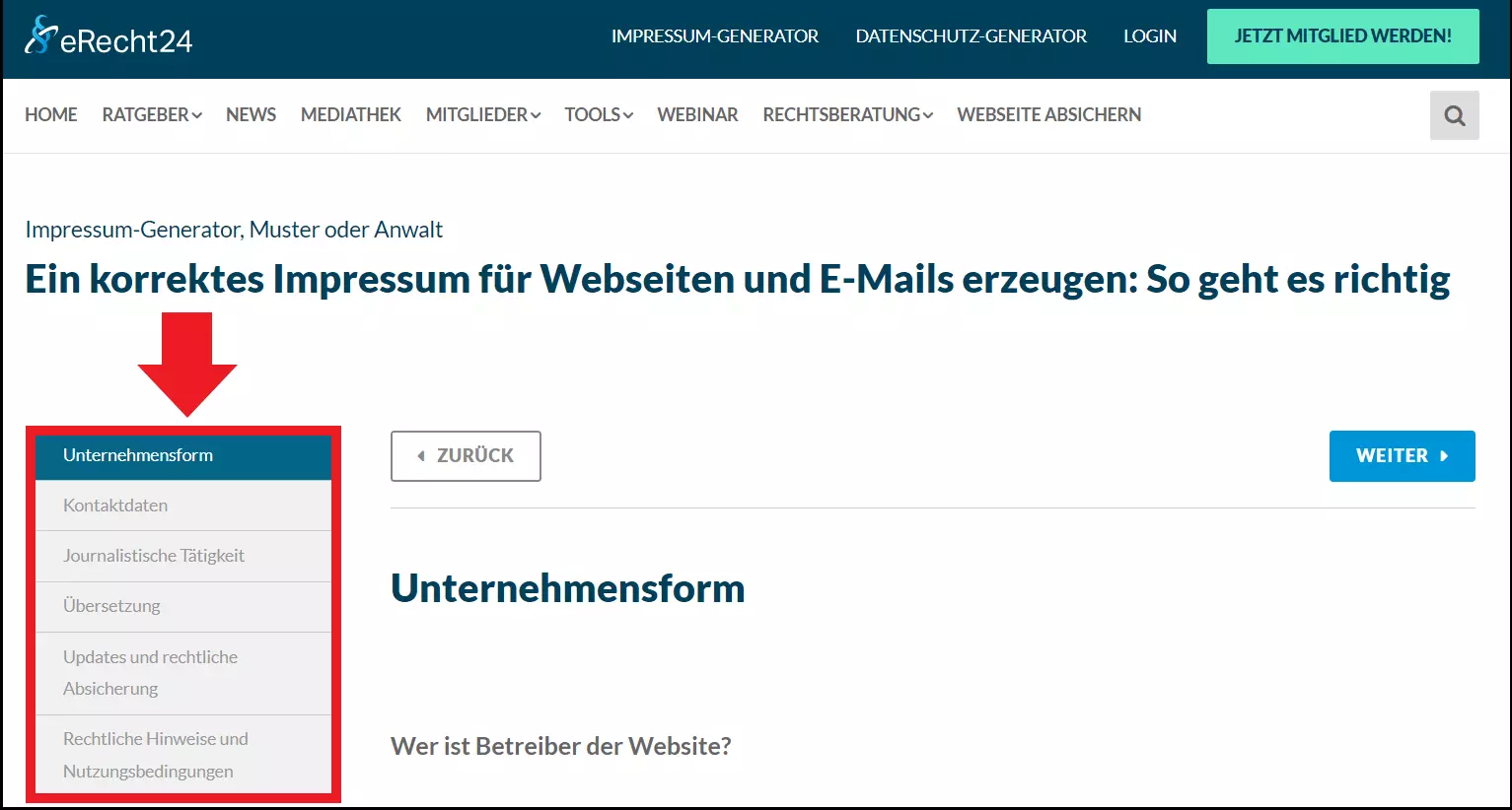 Bild: Der Impressum-Generator von eRecht24