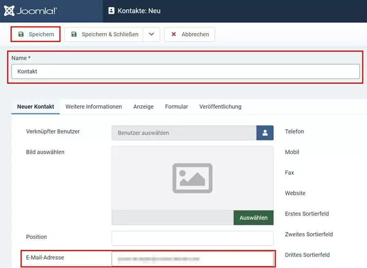 Bild: Kontakt-Profil erstellen im Joomla-Backend
