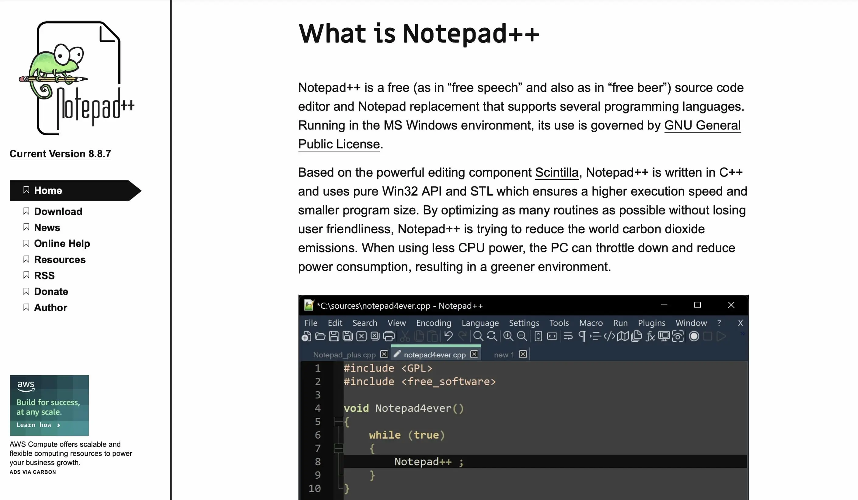 Bild: Screenshot der Notepad++ Homepage