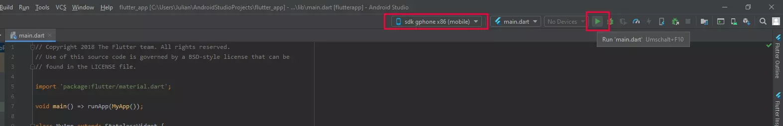 Bild: Flutter-Tutorial: Oberfläche, über die man ein virtuelles Testgerät in Android Studio auswählt