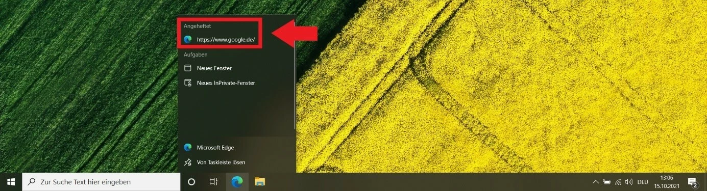 Bild: Angehefteter Link im Rechtsklick-Menü des Edge-Icons in der Taskleiste