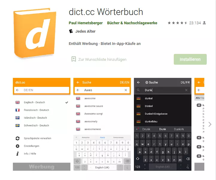 Bild: Die dict.cc-Übersetzungs-App im Google Play Store