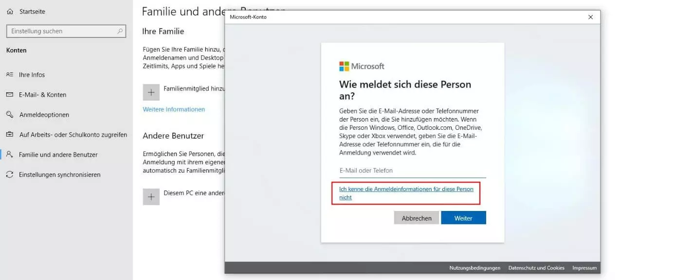 Bild: Microsoft-Dialog „Wie meldet sich diese Person an?“
