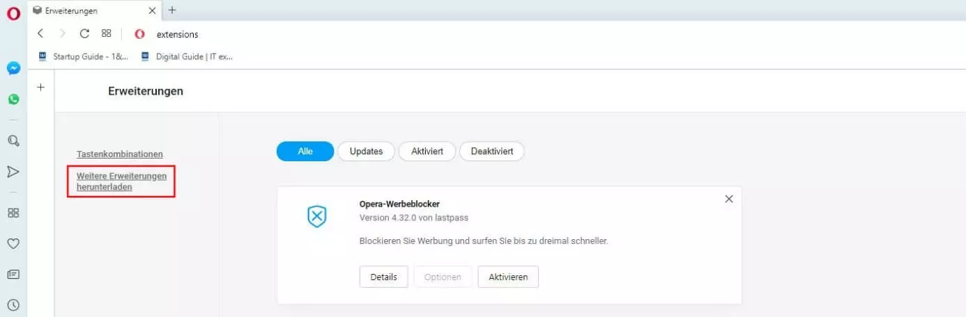 Bild: Opera: Menü „Erweiterungen“