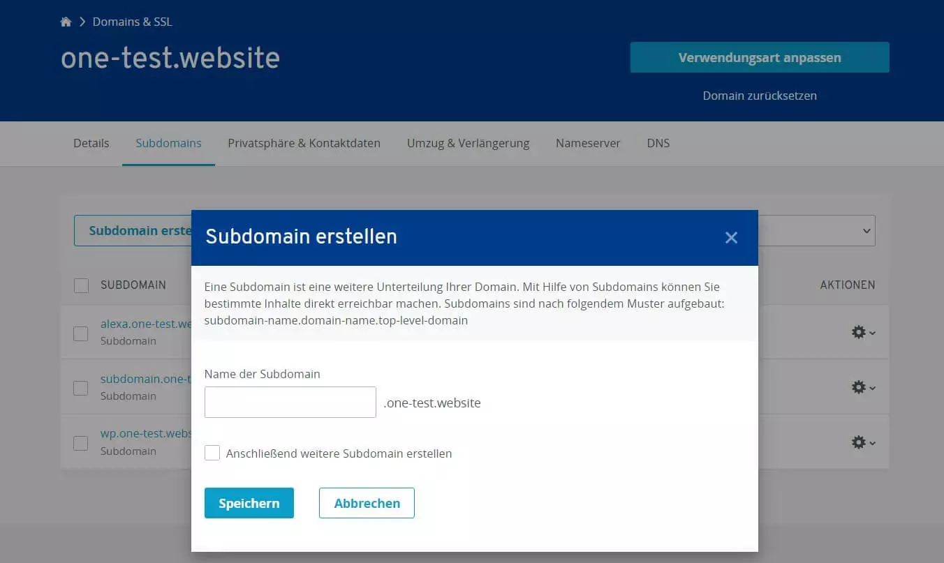 Bild: Subdomain erstellen im IONOS Cloud Panel