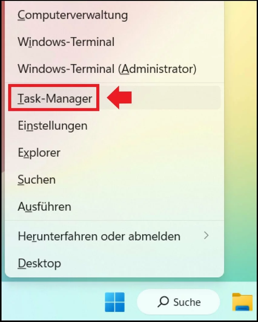 Bild: Das Windows-Bordmittel-Startmenü mit dem Task-Manager in der Menüliste