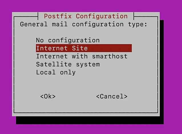 Bild: Postfix-Konfiguration: Internet Site wählen