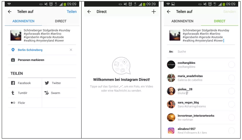Bild: Social-Sharing-Funktionen mit Übersicht der verschiedenen Plattformen in der Instagram-App