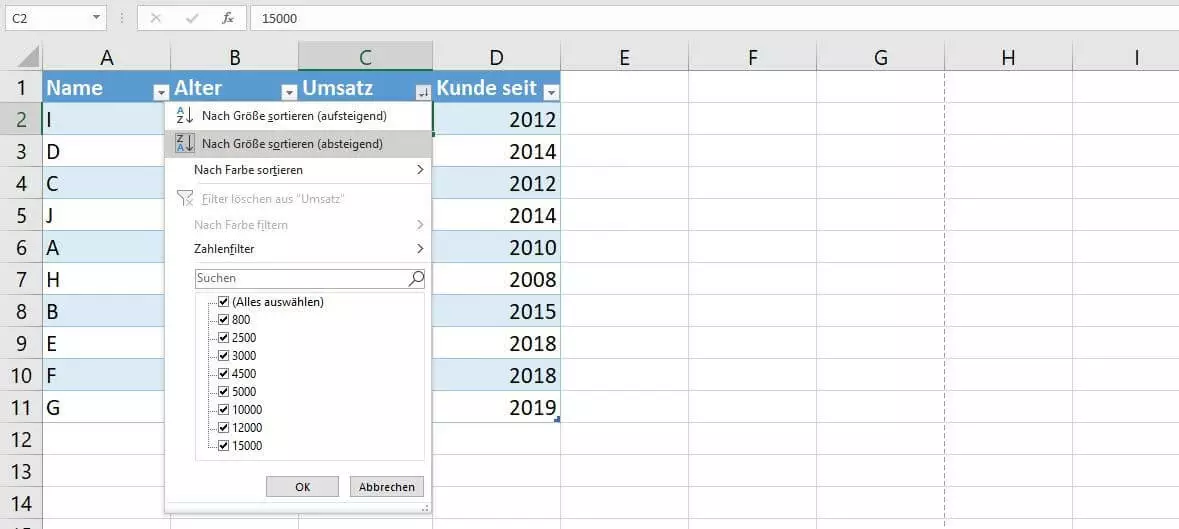 Bild: Auswahlfenster für die Sortier- und Filterfunktion von Excel-Tabellen (Excel 2016)