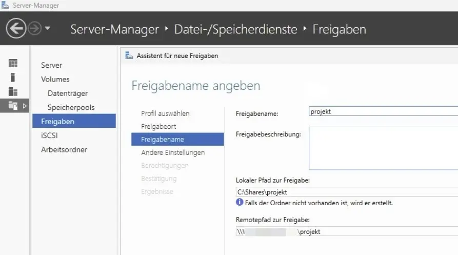 Bild: Angeben eines Freigabenamens im Server-Manager