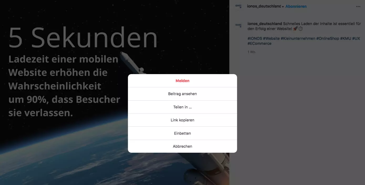 Screenshot eines Teilen-Fensters bei Instagram
