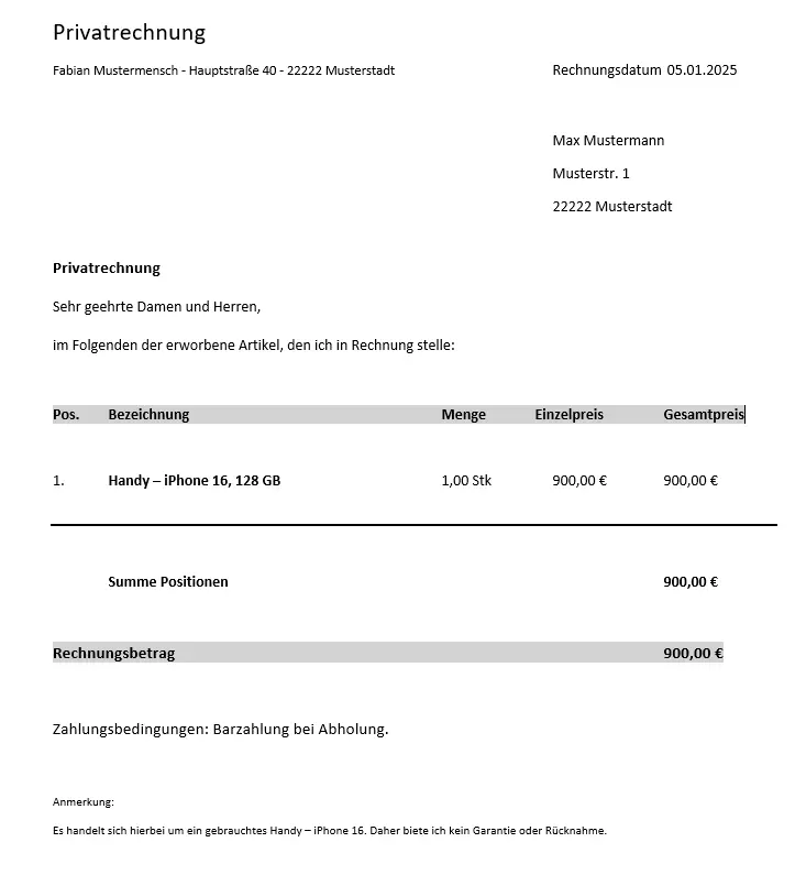 Alt-Text: Mustervorlage für eine Privatrechnung Bild: Alt-Text: Mustervorlage für eine Privatrechnung