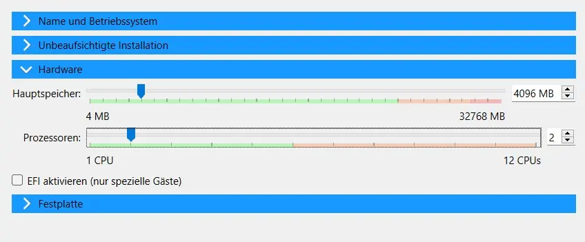Bild: Oracle VirtualBox Manager: Hardwarezuteilung