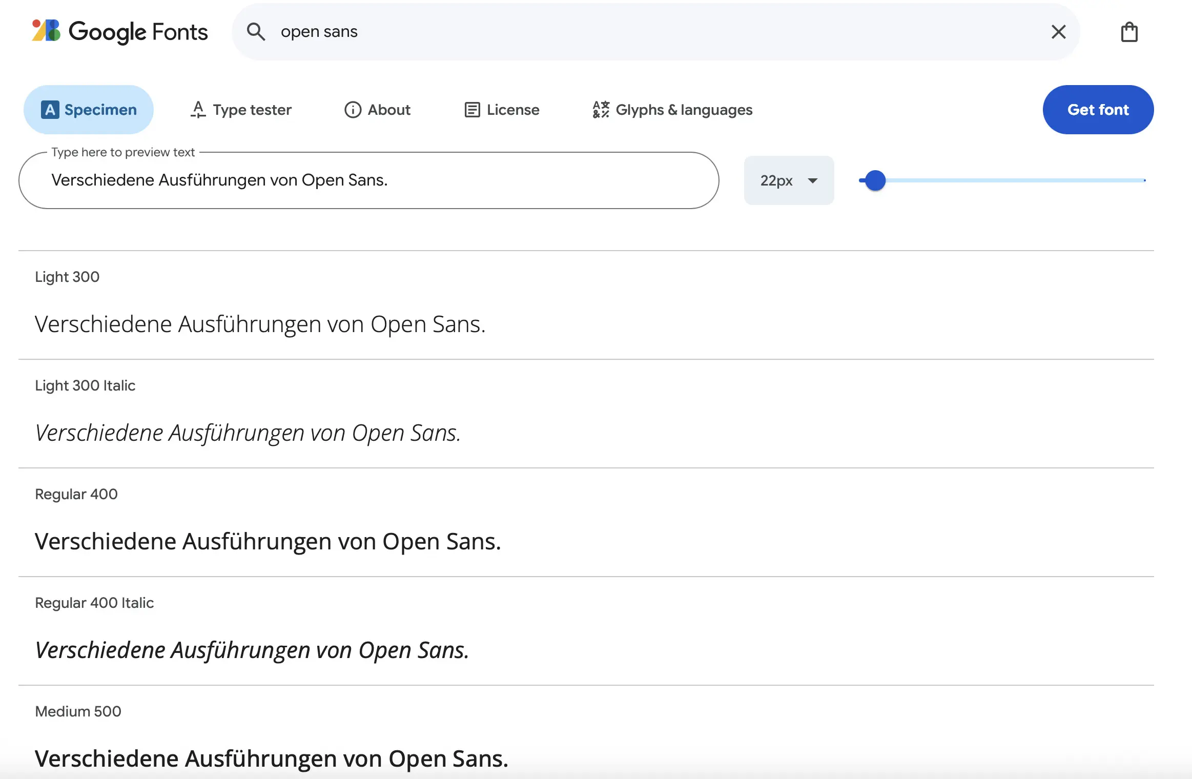 Bild: Verschiedene Ausführungen des Webfonts Open Sans bei Google Fonts