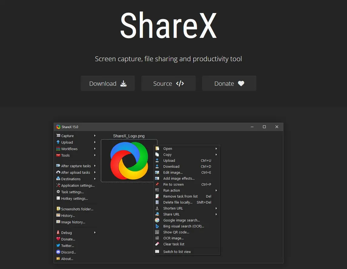 Startseite des Screenshot-Tools ShareX Bild: Startseite des Screenshot-Tools ShareX