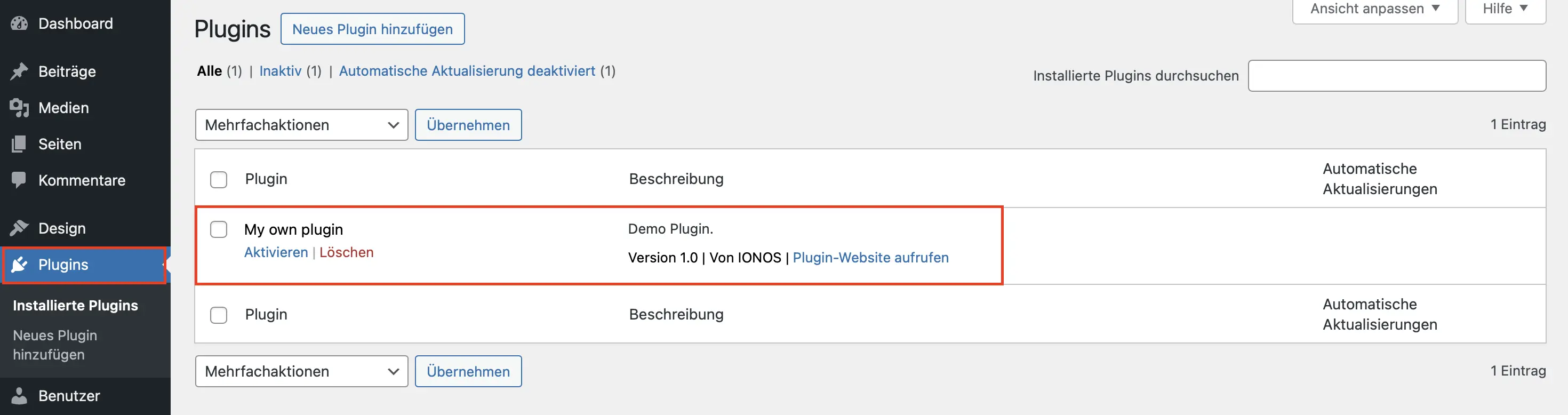 Bild: Ihr eigenes Plugin erscheint sofort im WordPress-Backend.