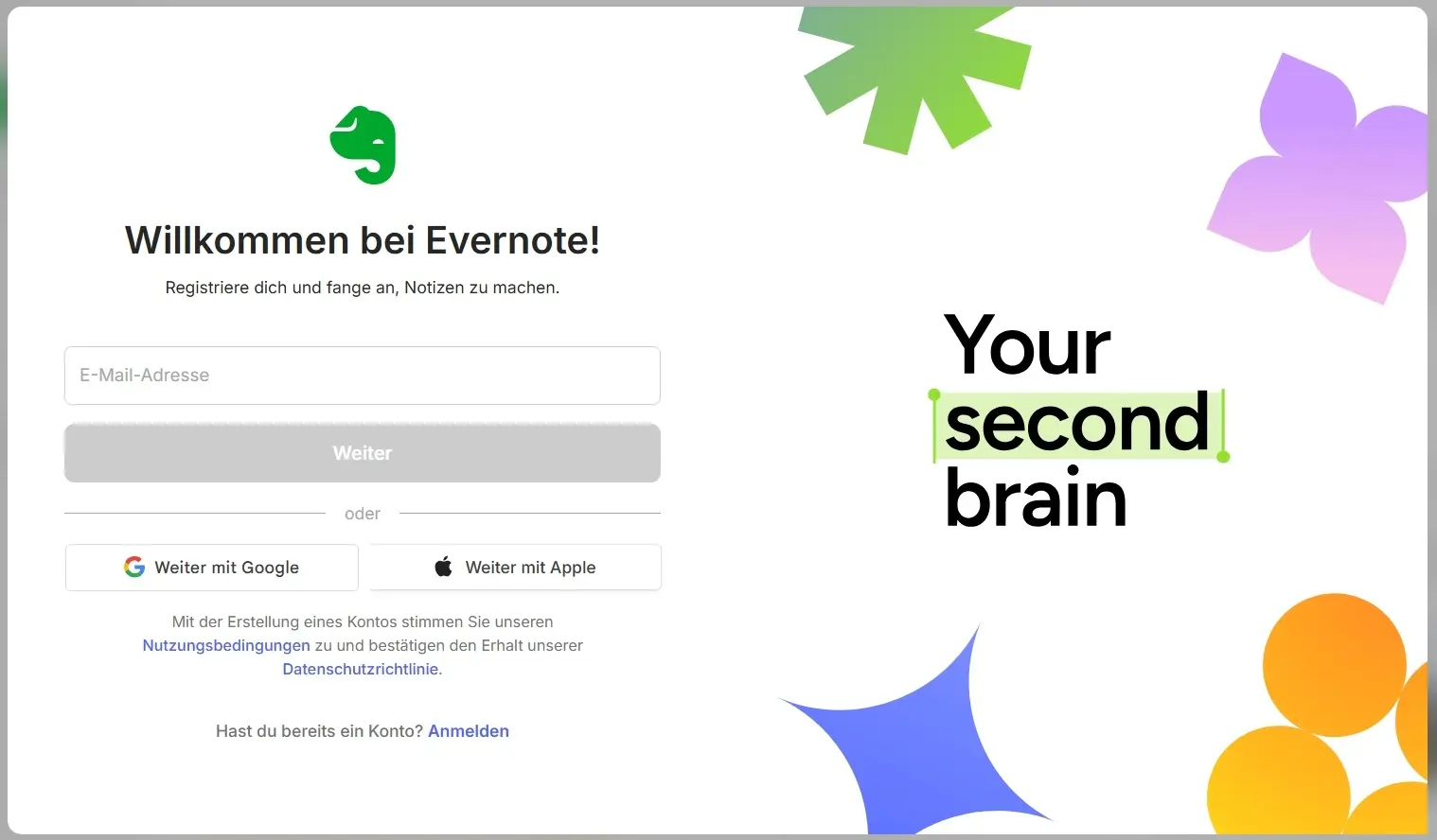Bild: Registrierungsformular von Evernote