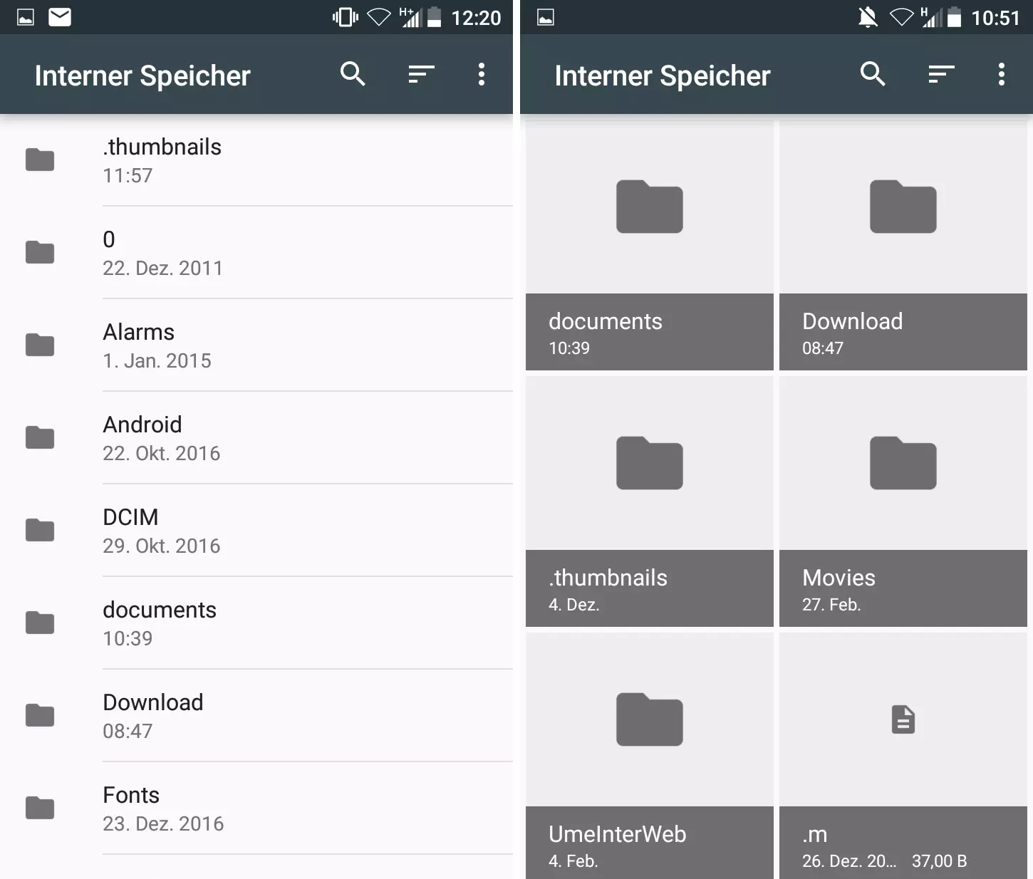 Bild: Android-Dateimanager: Listen- und Rasteransicht