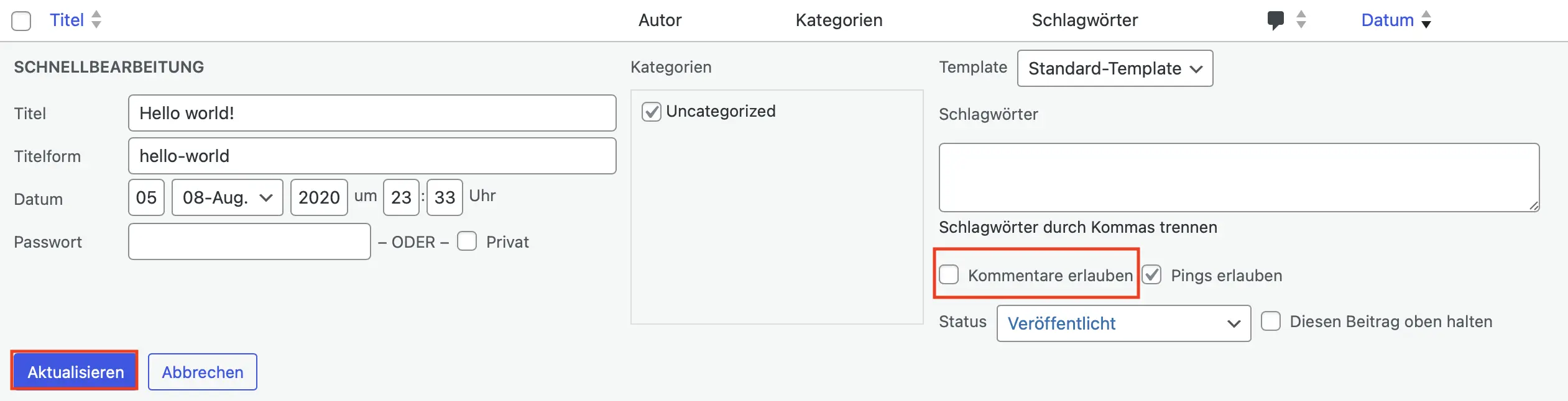 „Schnellbearbeitung“-Feld im Bereich „Beiträge“ mit verschiedenen Einstellungsmöglichkeiten, u. a. „Erlaube Kommentare“ Bild: „Schnellbearbeitung“-Feld im Bereich „Beiträge“ mit verschiedenen Einstellungsmöglichkeiten, u. a. „Erlaube Kommentare“