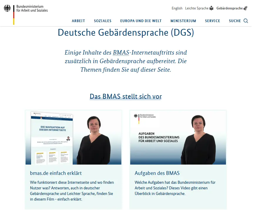 Bild: Alt-Text: Screenshot der Webseite des Bundesministeriums für Arbeit und Soziales (BMAS)