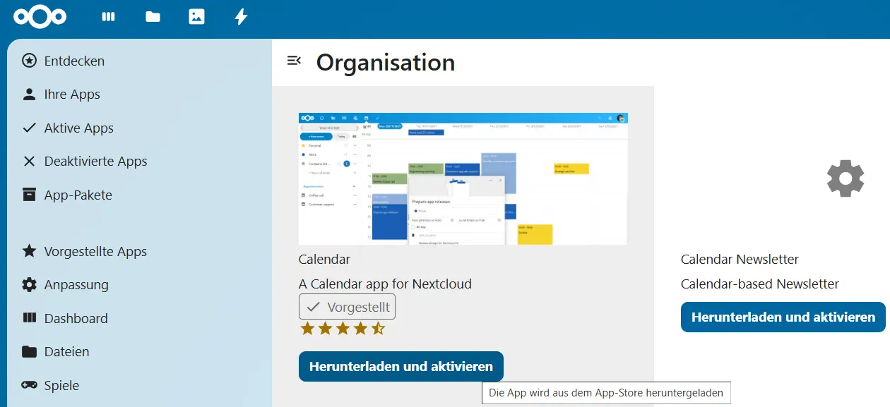 Nextcloud Calendar im Nextcloud App-Store Bild: Nextcloud Calendar im Nextcloud App-Store