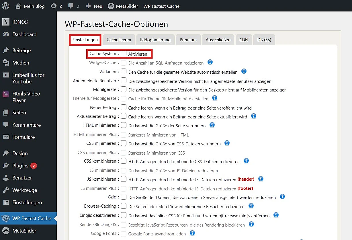 WP Fastest Cache Options: Option, das Cache-System zu deaktivieren Bild: WP Fastest Cache Options: Option, das Cache-System zu deaktivieren