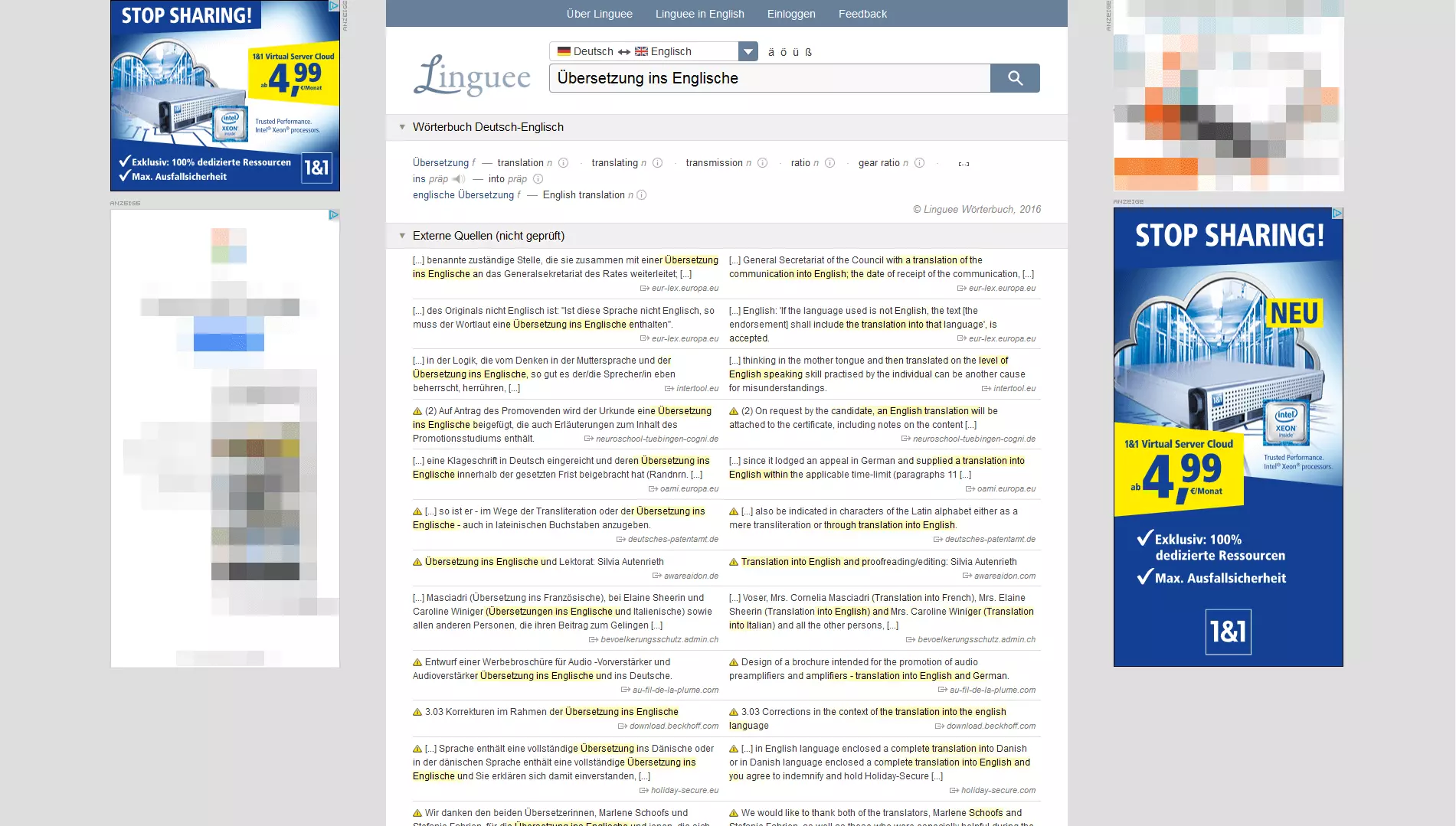 Die Ergebnisseite von Linguee mit Suchmaschinen-Treffern