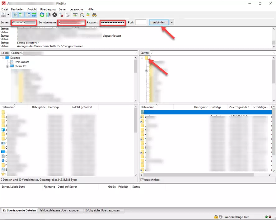 FTP-Programm FileZilla – Zugang zum Server