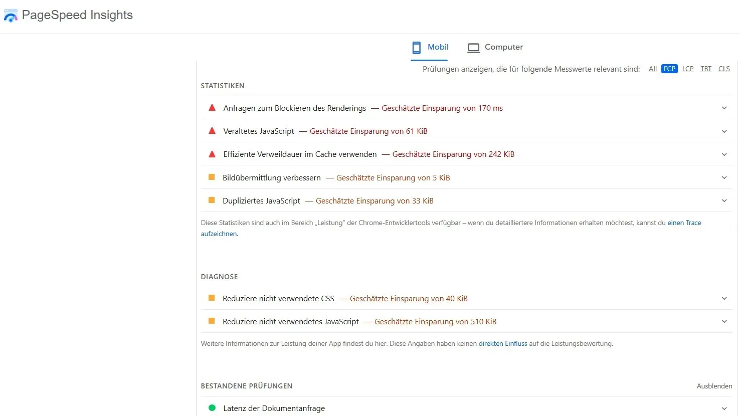 Bild: PageSpeed Insights Optimierungshinweise für den FCP-Wert in der Leistungskategorie
