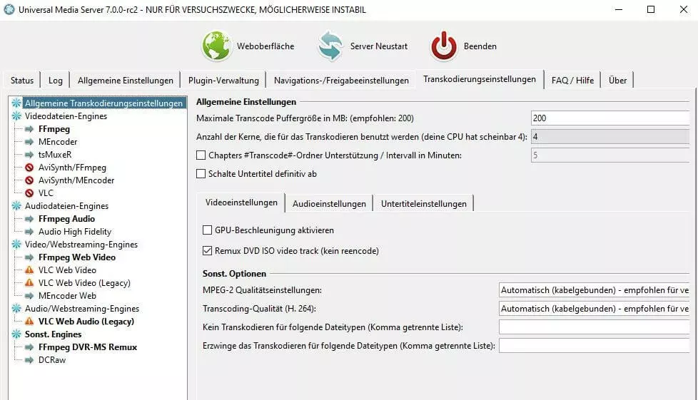 Universal Media Server: Fenster für Transkodierungseinstellungen