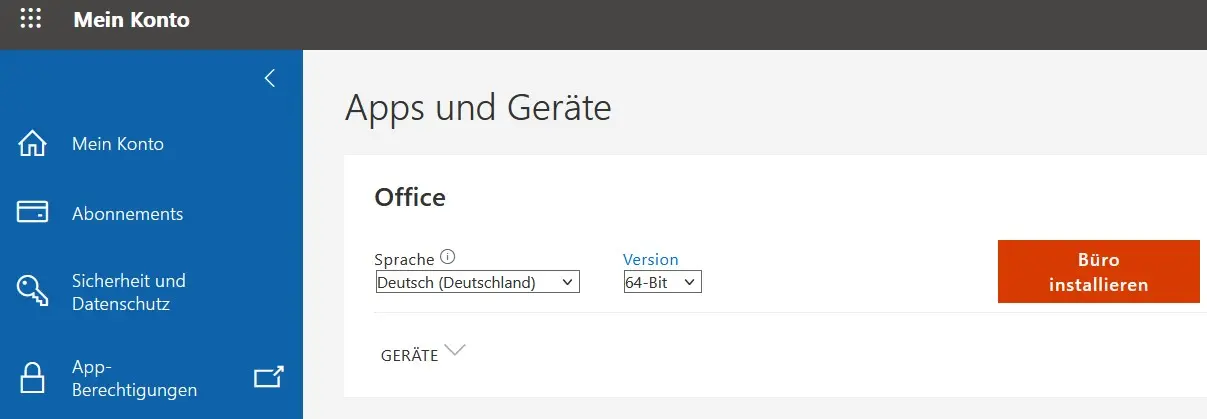 Bild: „Apps und Geräte“ in der Microsoft-365-Oberfläche
