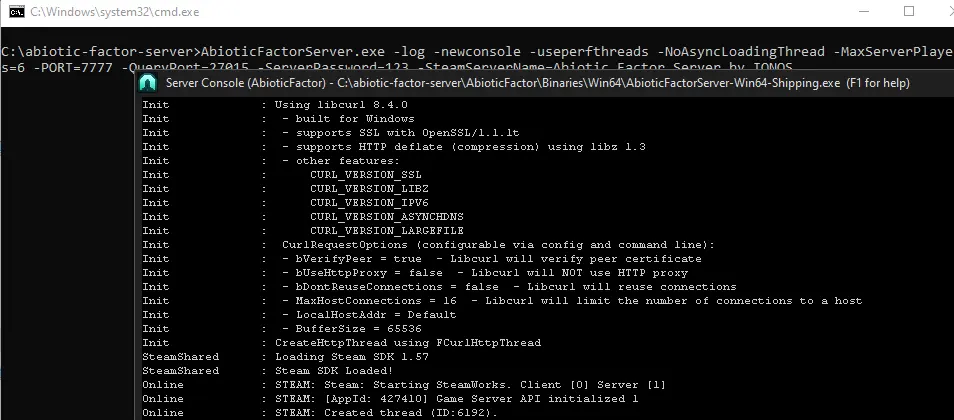 Gestarteter „Abiotic Factor“-Server in der Server Console Bild: Gestarteter „Abiotic Factor“-Server in der Server Console
